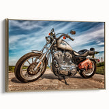 Side view of a gold motorcycle on a white background, framed canvas in mid-century modernist style.