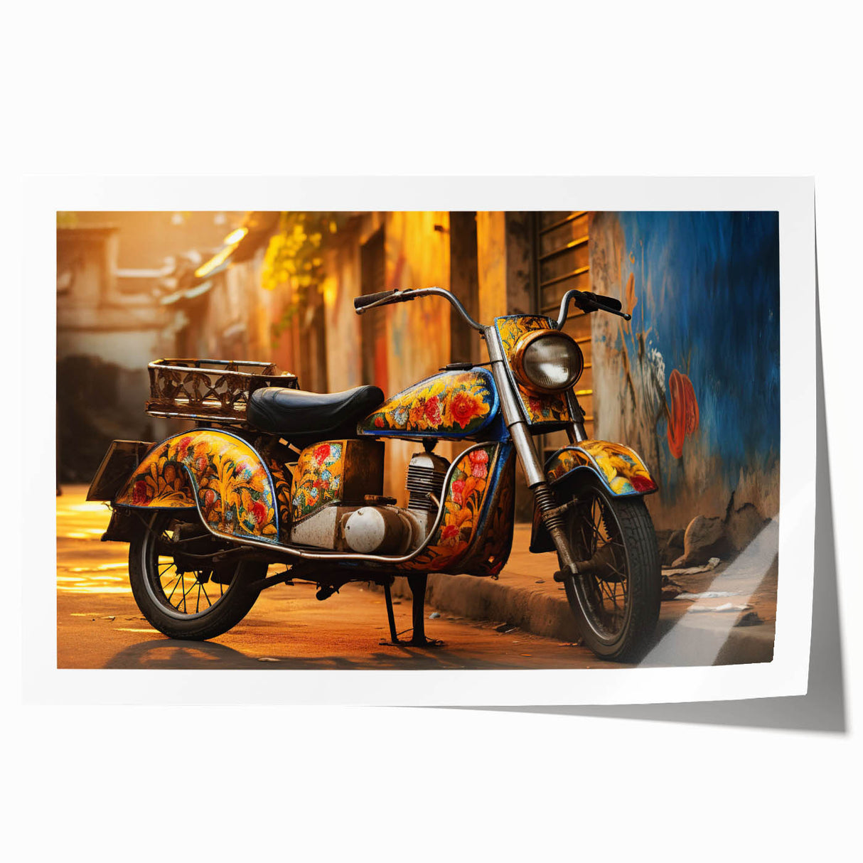 Extra large rolled print of a vintage motorcycle, rendered in muted sepia tones, ideal for art wall dining room.