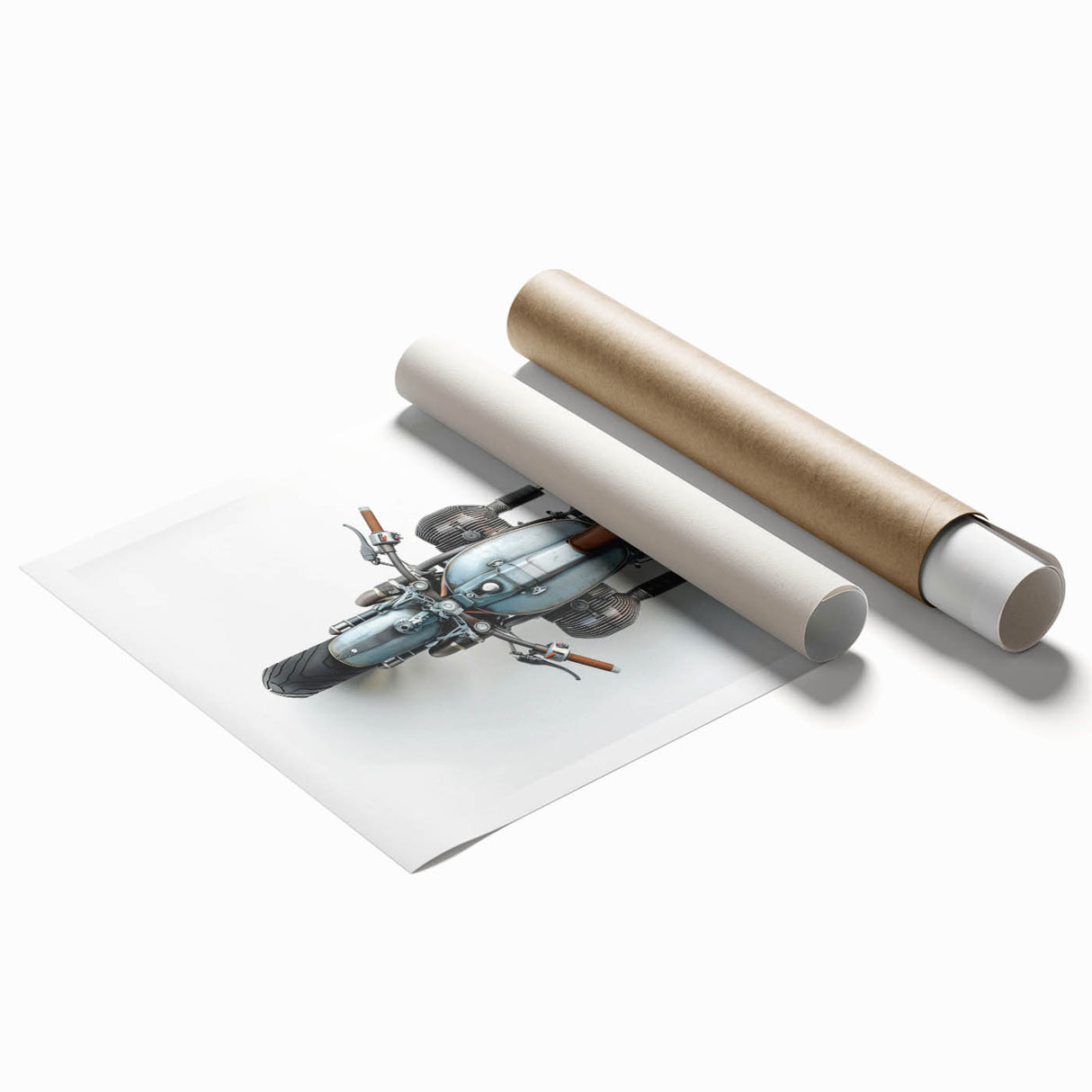 Extra large rolled print of a vintage motorcycle, using muted earth tones, ideal for classy bathroom wall art.