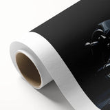 Art deco style motorcycle illustration in monochrome on rolled canvas, suitable as nursery wall art or in a dining room.