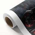 Art deco style motorcycle illustration in monochrome, printed on rolled canvas.