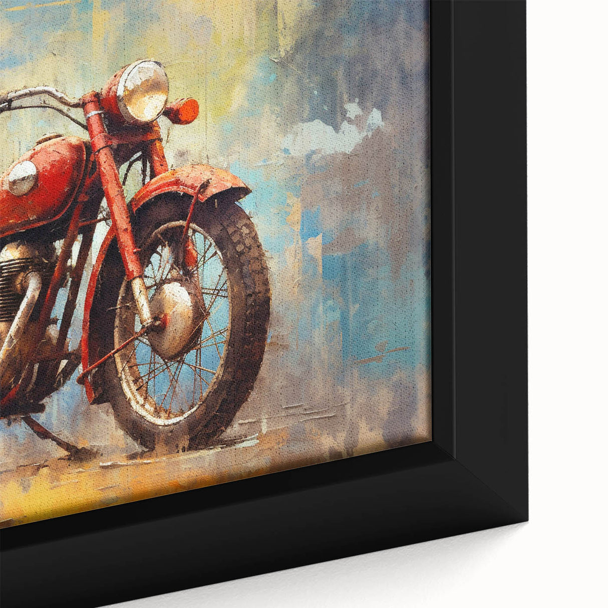 Extra large black wall art featuring a colorful, textured depiction of a motorcycle on a framed canvas.