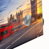 Large abstract wall art featuring mid-century modernist style vehicles in muted colors on acrylic glass.