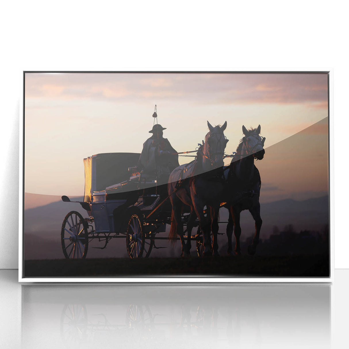Art deco poster of stylized service vehicles in monochrome tones on a white acrylic frame, suitable for modern nursery decor.