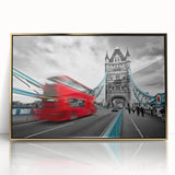 Mid-century modernist art of colorful service vehicles on a gold-framed acrylic print, ideal for nursery wall art.
