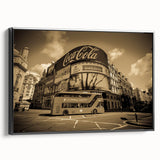 Black and white framed canvas featuring a vintage poster art of landscape with service vehicles.