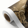 Art deco poster of colorful vintage cars on a rolled canvas, suitable as nursery wall art or for dining room ambiance.