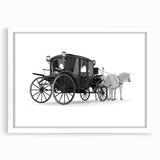 Abstract art print of colorful service vehicles on a white framed mat, ideal for dining room decor.