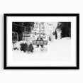 Abstract art print of colorful, textured service vehicles on a large canvas, framed in black, suitable for living room decor.