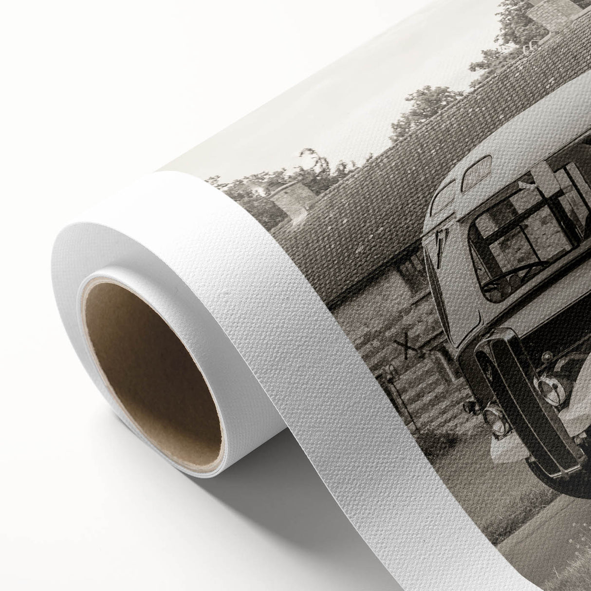 Art deco style poster of colorful vintage cars on a rolled canvas, suitable for nursery wall art or dining room decor.