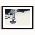 Extra large abstract art print featuring colorful, textured vehicles in a black frame, ideal for living room decor.