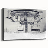 Black and white wall art featuring a vintage poster of landscape service vehicles, presented on a framed canvas.