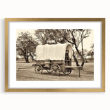 Extra large abstract art print featuring textured, colorful service vehicles on a gold-framed canvas.