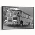 Black and white vintage poster art of service vehicles on framed canvas, ideal for bedroom wall decor.
