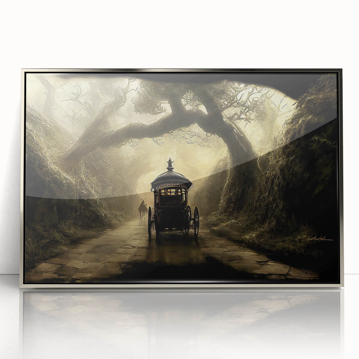 Mid-century modernist art featuring a series of stylized service vehicles in muted colors on a silver-framed acrylic print.