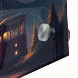 Mid-century modernist art of abstract service vehicles in muted colors on large acrylic glass.