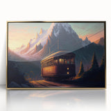 Mid-century modernist art featuring a collection of stylized service vehicles in muted colors on a framed acrylic print.