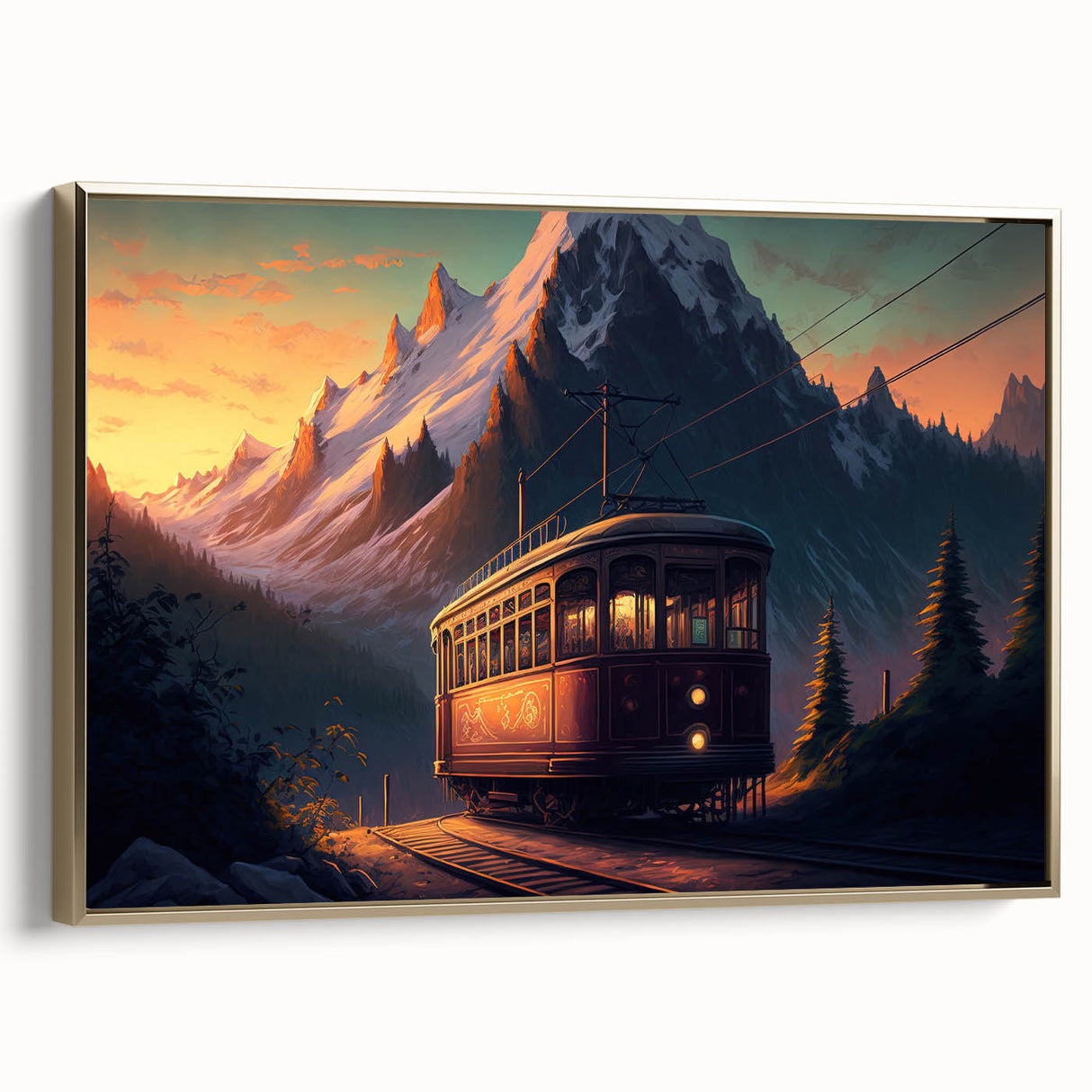 Framed canvas showcasing a vintage poster of a black classic car in a landscape setting, ideal for bedroom wall art.