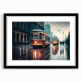 Extra large abstract art print featuring vibrant, colorful textured vehicles, framed in black, ideal for living room decor.