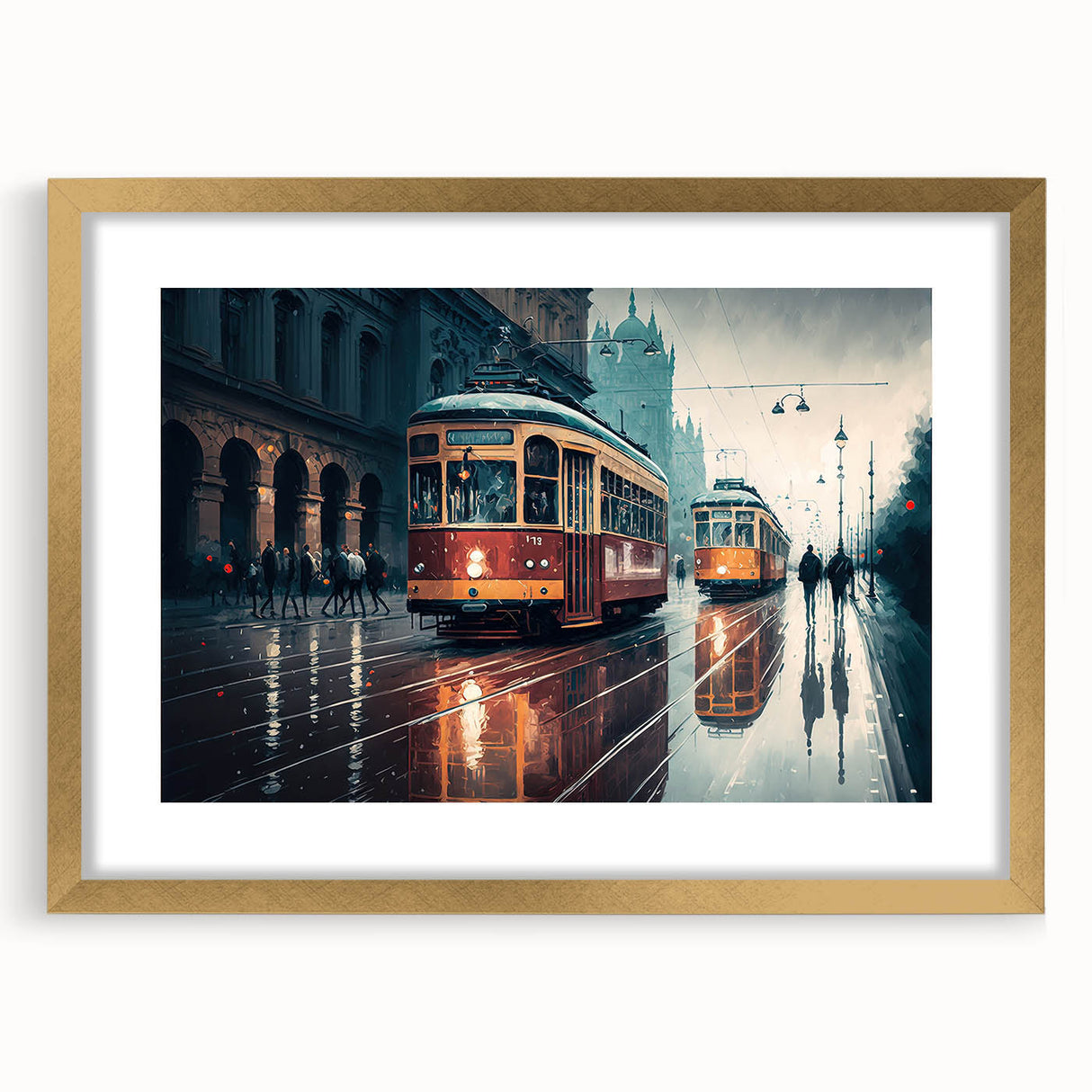 Abstract art print of service vehicles in muted earth tones on a large canvas, ideal for living room decor.