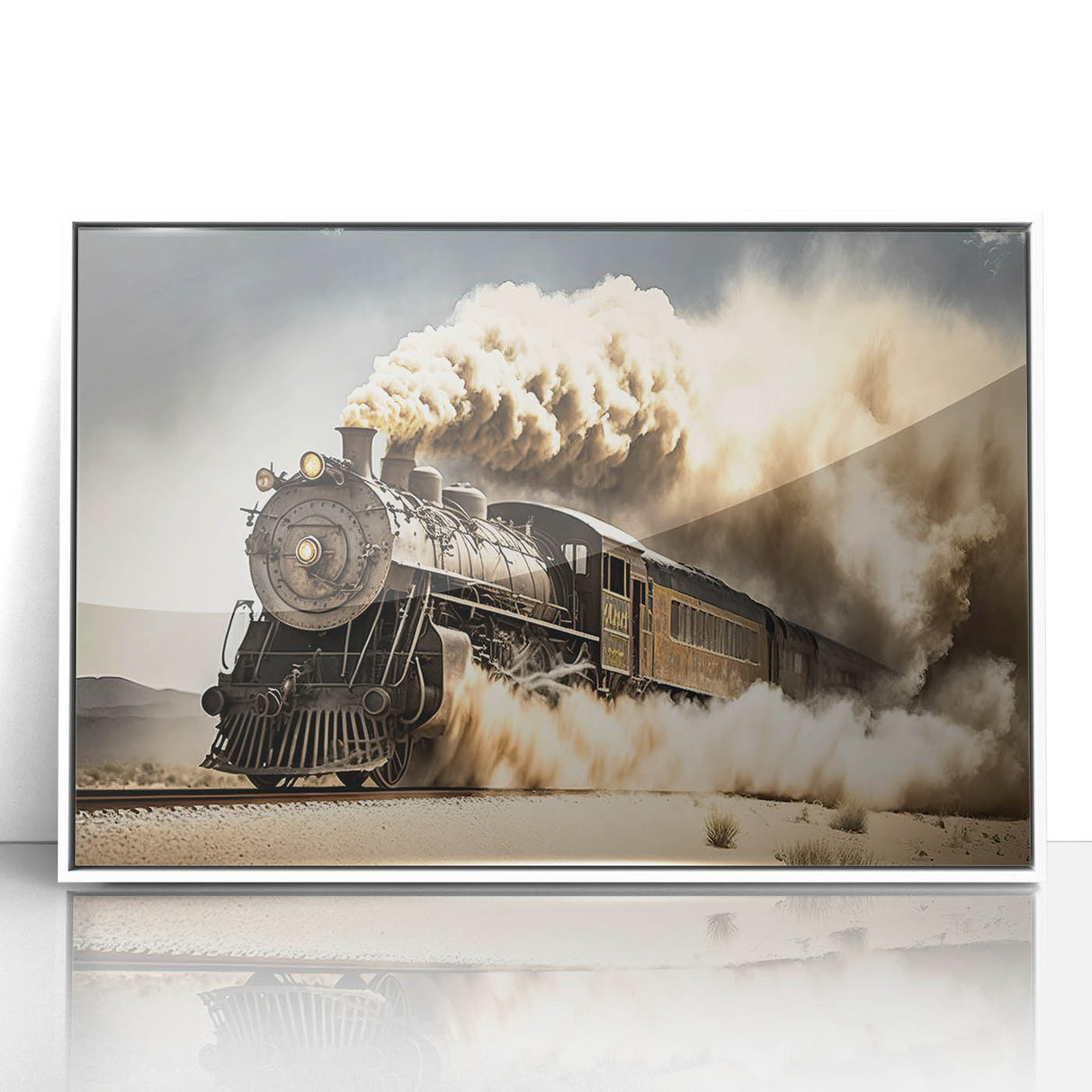 Art deco style poster of vintage cars in muted gray and blue tones, framed acrylic, ideal for nursery wall decor.