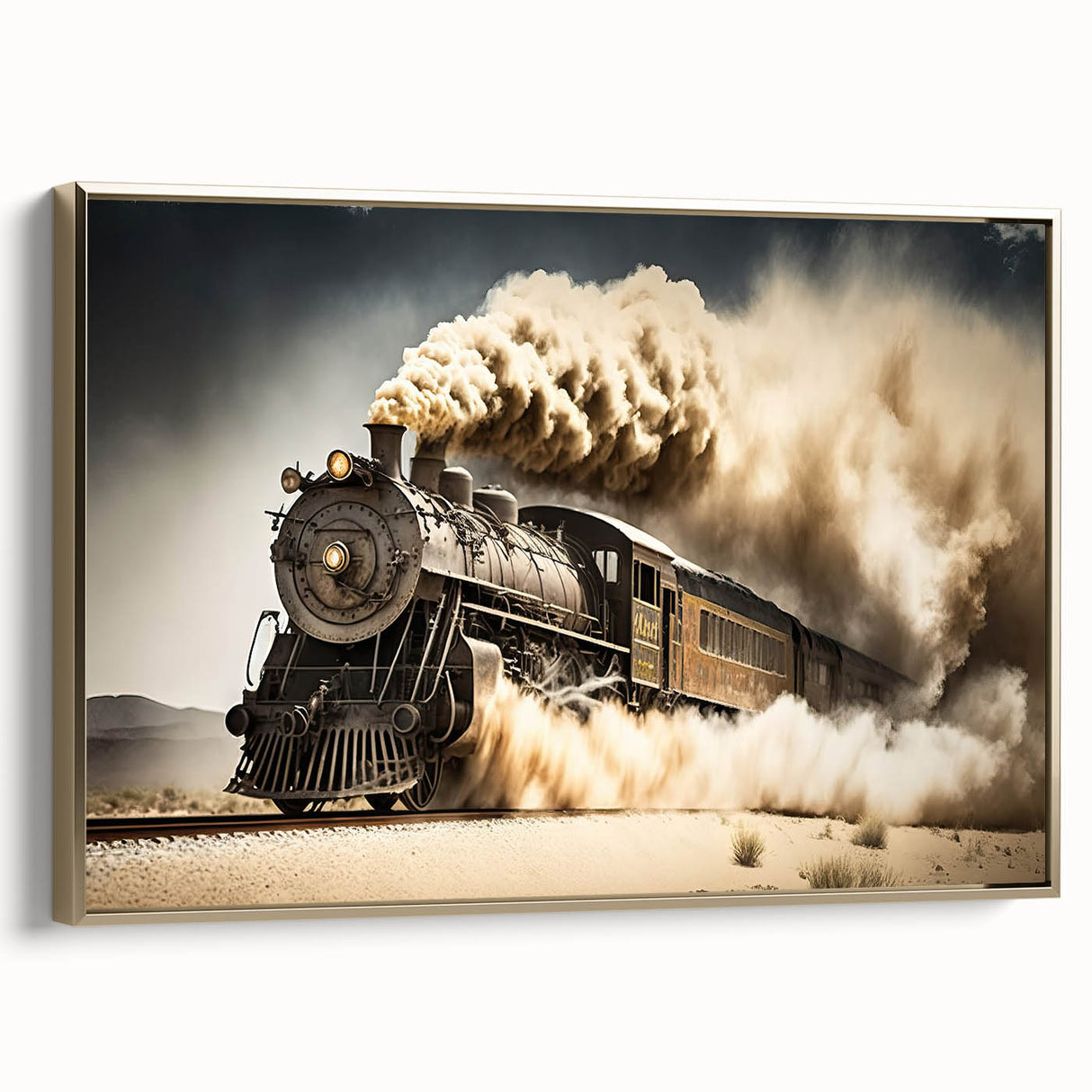 Framed vintage poster art of a black and gold landscape with service vehicles, ideal for bedroom wall decor.
