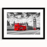 Extra large abstract art print of colorful, textured service vehicles on a black framed canvas, ideal for living room decor.