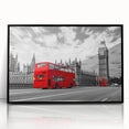 Large abstract wall art of colorful service vehicles in a mid-century modernist style, framed in black acrylic.