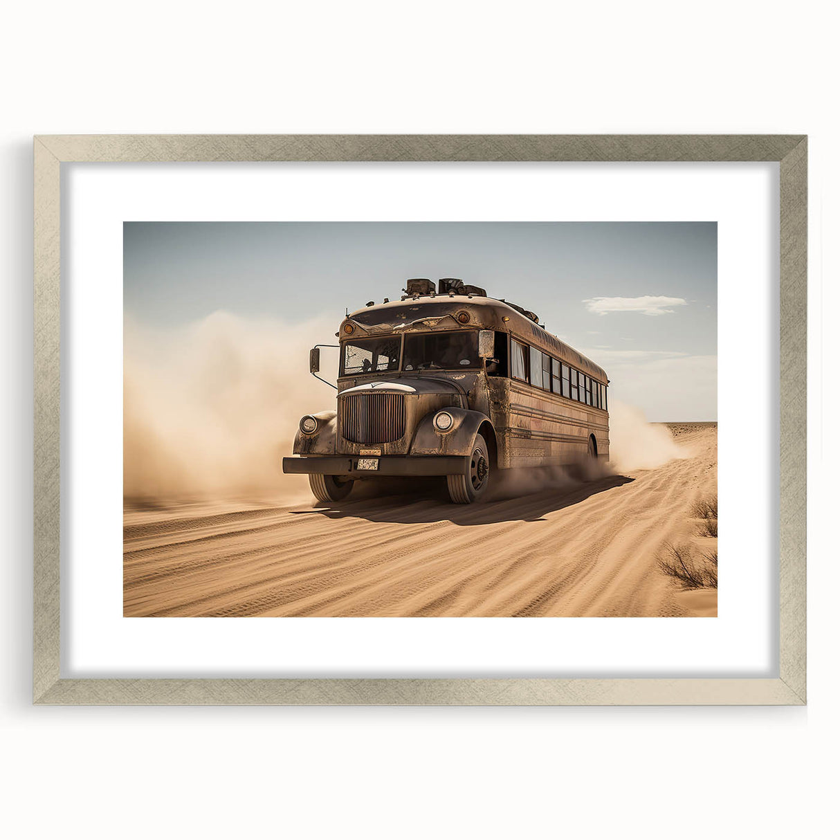 Textured art print of abstract service vehicles in muted gray and blue tones, framed in silver, ideal for bedroom art.