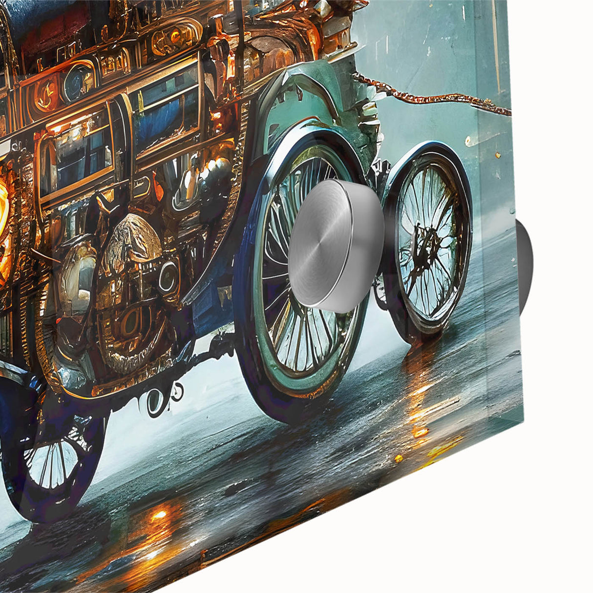 Large abstract wall art featuring mid-century modernist service vehicles in muted earth tones on acrylic glass.