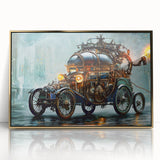 Mid-century modernist style large art print of colorful service vehicles on acrylic, framed in gold.