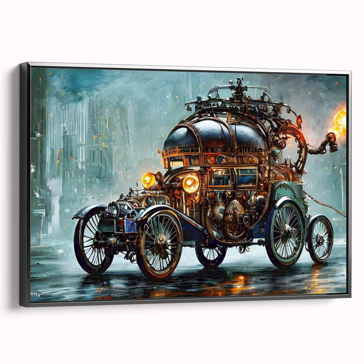 Black and white vintage poster art featuring a classic car, printed on framed canvas, suitable for bedroom wall decor.