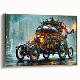 Framed canvas featuring a vintage poster of black service vehicles in a landscape, ideal for bedroom wall art.