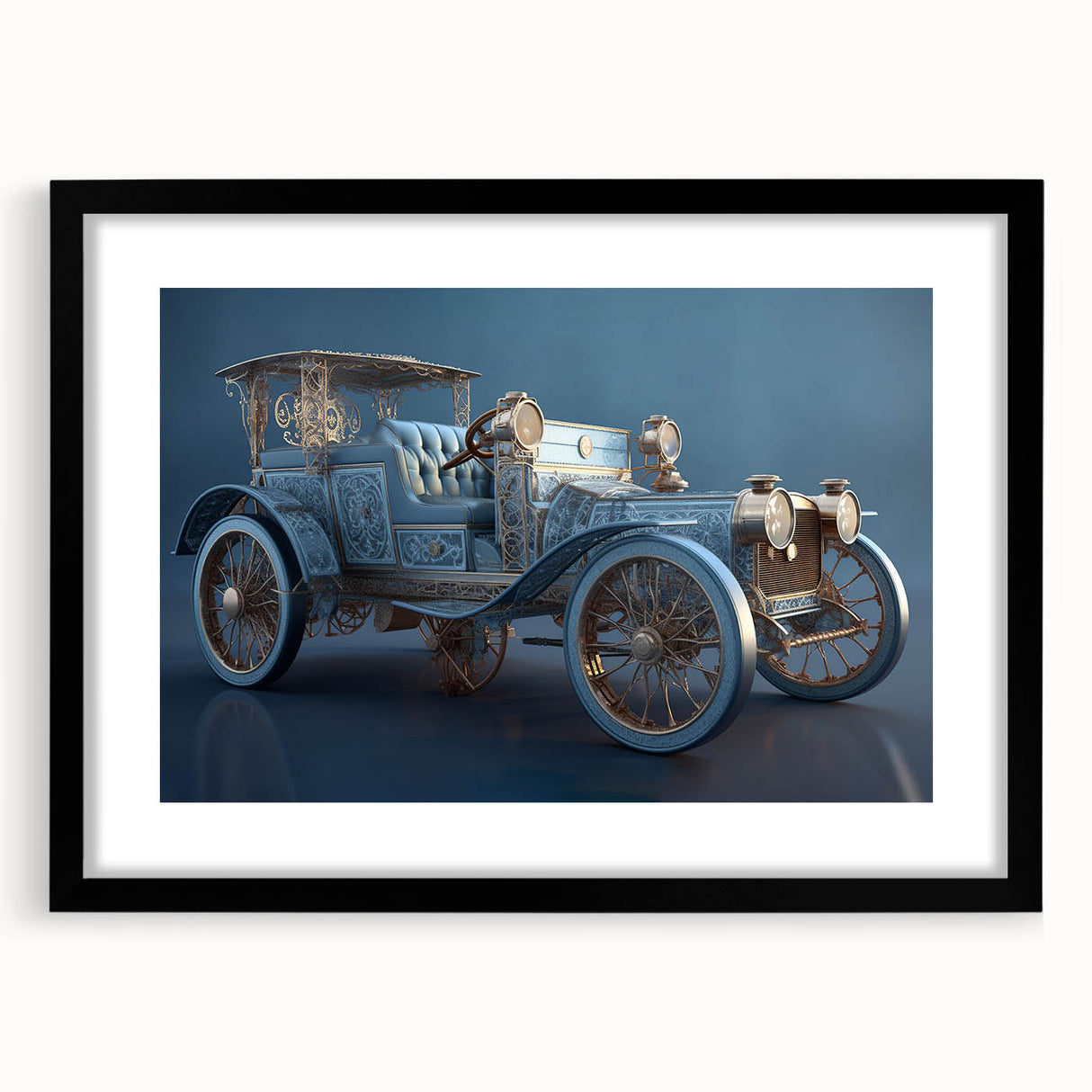 Extra large abstract art print of colorful, textured vehicles, in a black frame, ideal for living room decor.