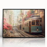 Large abstract wall art featuring assorted service vehicles in a mid-century modernist style, set in a black acrylic frame.