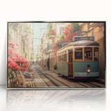 Mid-century modernist art deco poster featuring a collection of colorful service vehicles on a silver-framed acrylic.