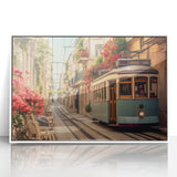 Art deco poster of stylized service vehicles in monochrome, framed acrylic, ideal for nursery wall art.