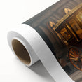 Art deco poster of colorful vintage cars on rolled canvas, ideal for nursery wall art.