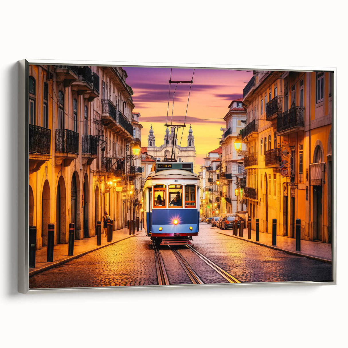 Framed canvas depicting a vintage black locomotive on a vibrant, colorful background.