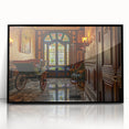 Large abstract wall art featuring assorted mid-century modernist service vehicles in muted colors, framed acrylic print.