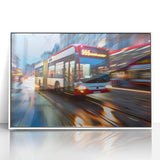 Art deco poster featuring a series of stylized vintage cars in monochrome tones on a white acrylic frame.