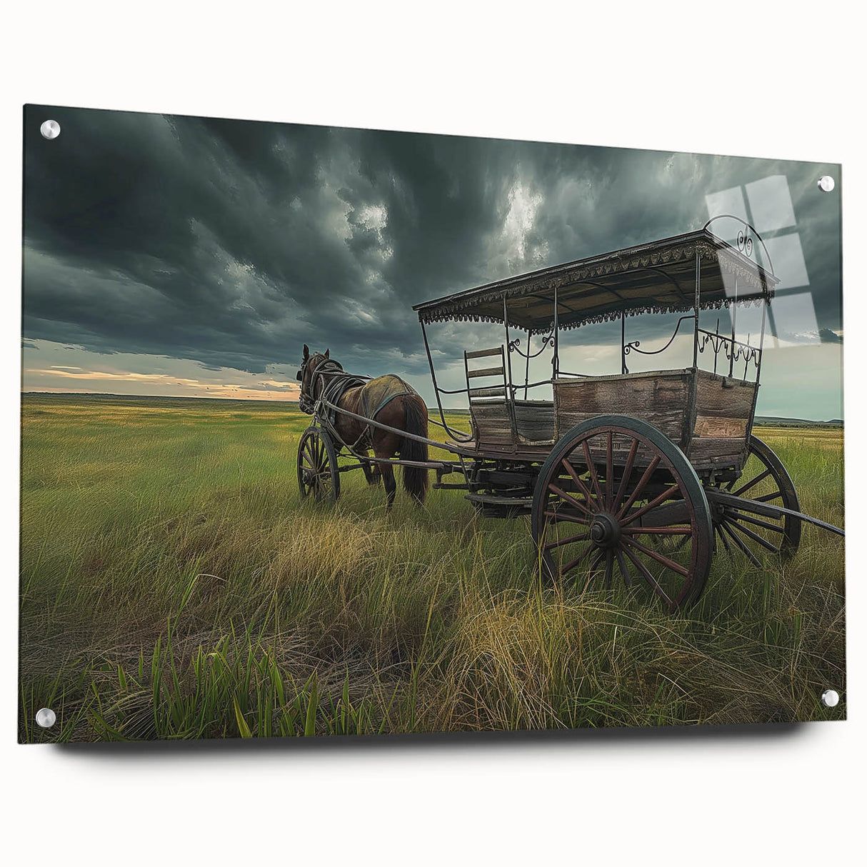 Acrylic print of assorted service vehicles in a line.