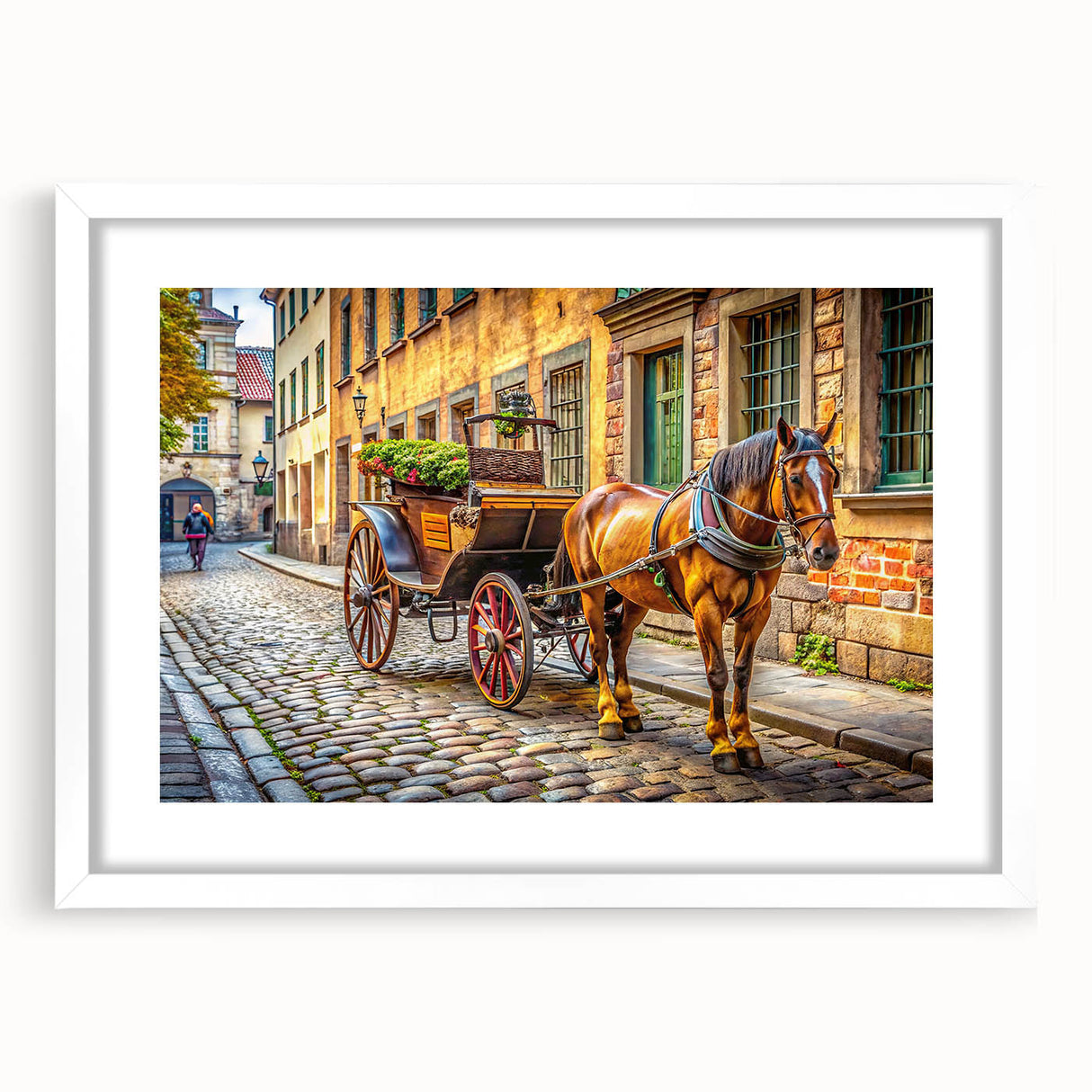 Abstract art print of assorted service vehicles in muted gray and blue tones on a white framed poster.