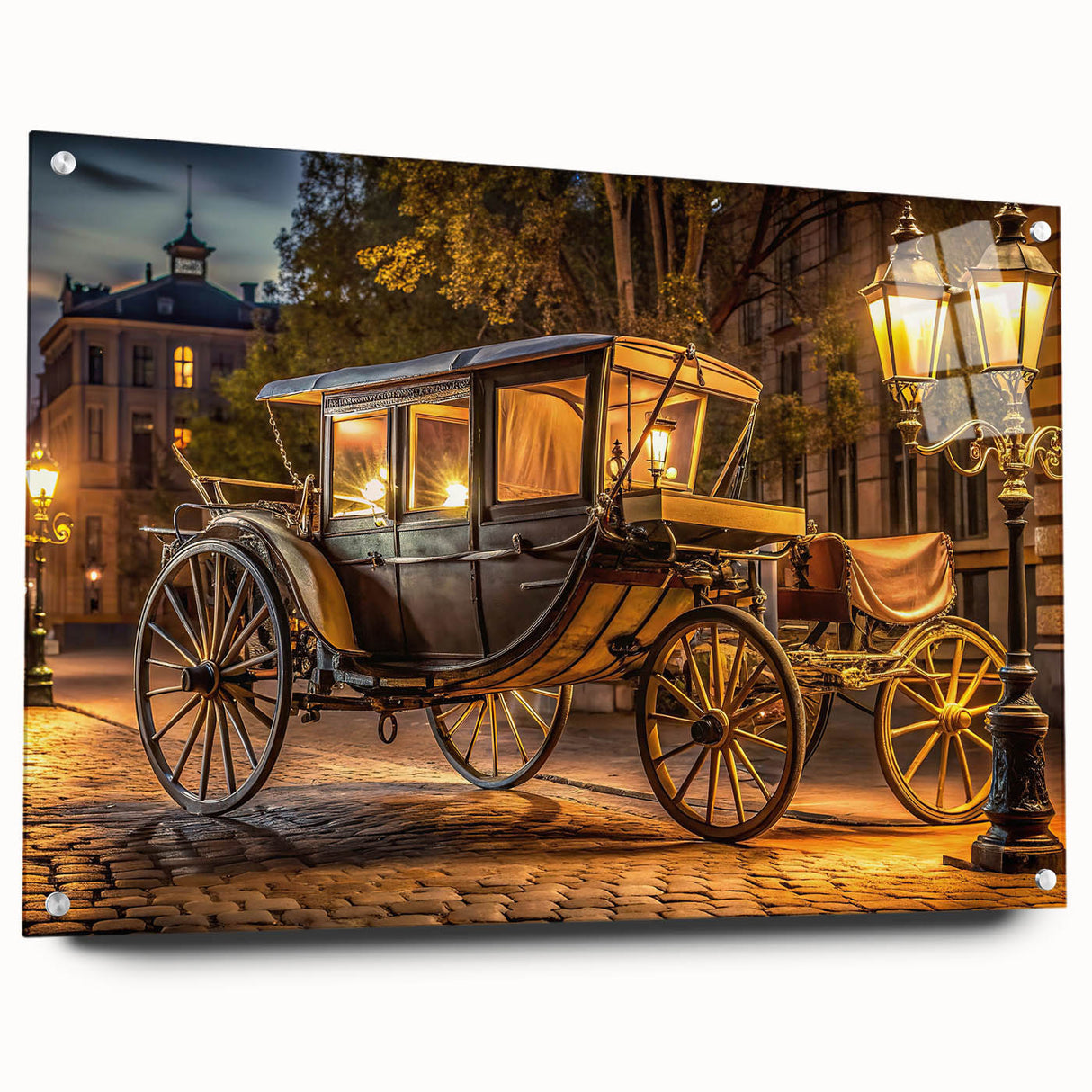 Acrylic print of a side view of various service vehicles in muted colors, suitable for bedroom or dining room decor.