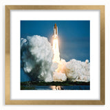 Textured art print of an abstract spacecraft design in gold and black tones on a framed canvas, suitable for bedroom art.