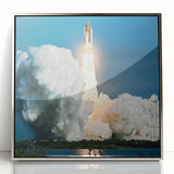 Art deco poster of a vintage spacecraft in muted silver tones, acrylic print framed in silver, suited for nursery wall art.