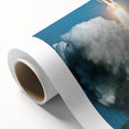 Art deco poster featuring a stylized vintage spacecraft in muted silver and blue tones on rolled canvas.