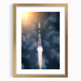 Textured art print of an abstract spacecraft in gold and black tones, framed with a mat, ideal for bedroom decor.