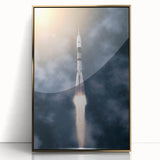Mid-century modernist art deco poster featuring a spacecraft, in gold and black tones, acrylic framed.