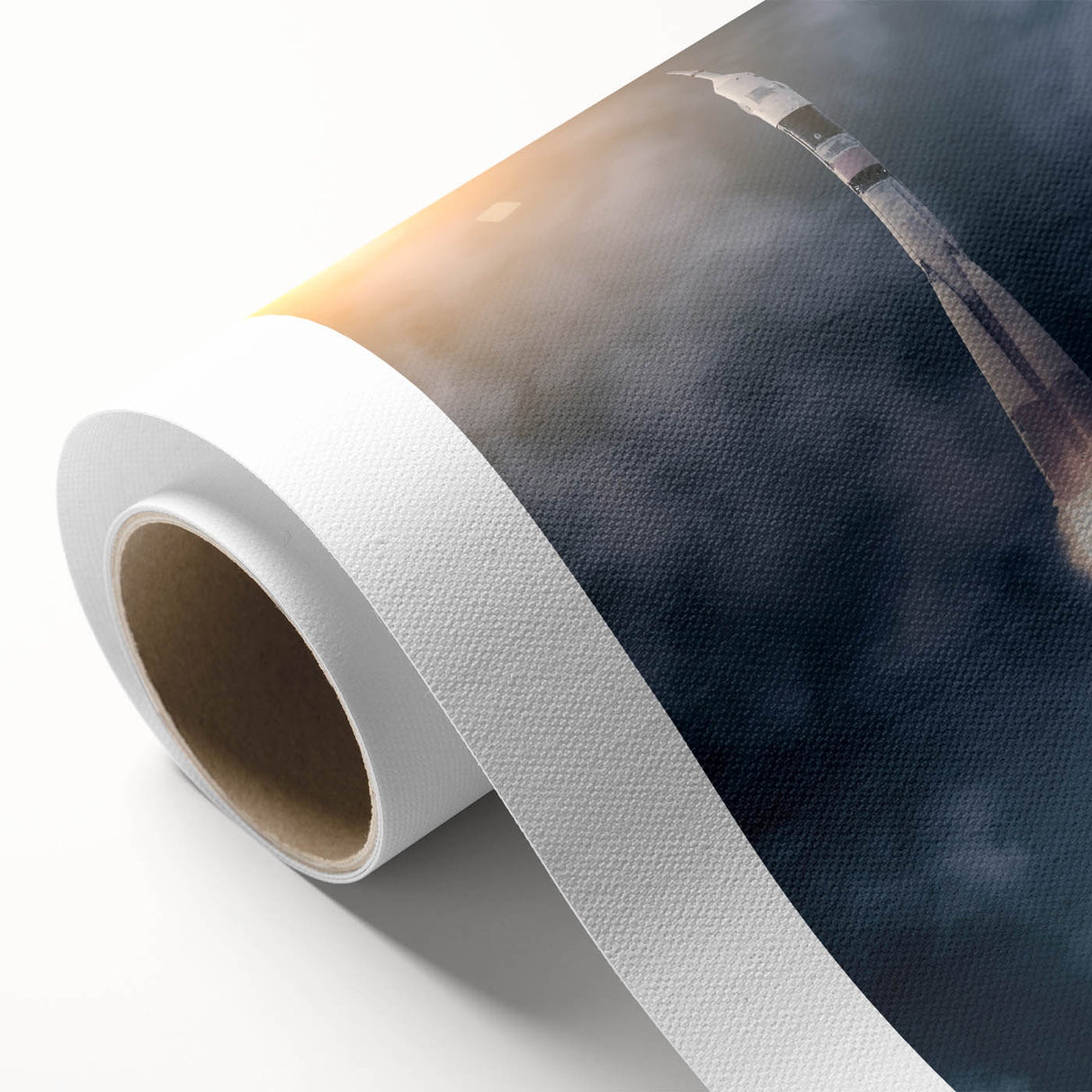 Art Deco style poster of a vintage spacecraft, in muted gray and blue tones on rolled canvas, ideal for nursery wall art.